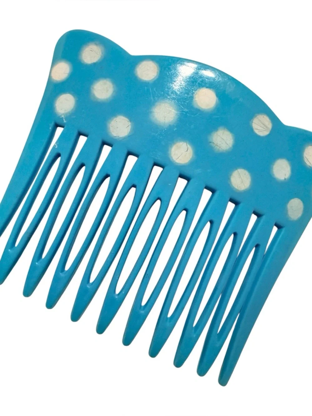 1960’s French Blue & White Polka Dot Scalloped Hair Comb, Paris Made, Deadstock
